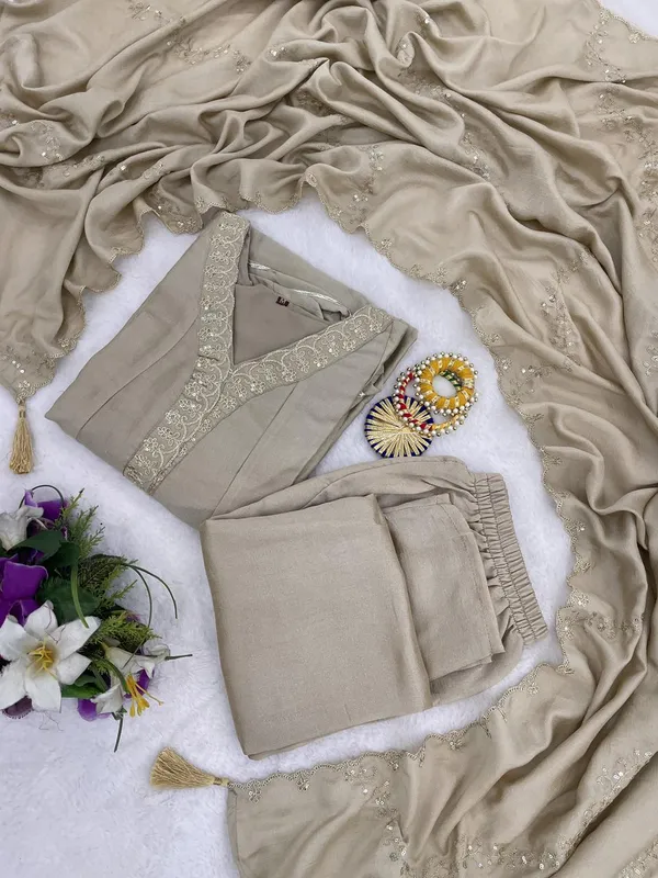 Beige_Vichitra_Silk_Embroidered_Kurta_Set_For_Women