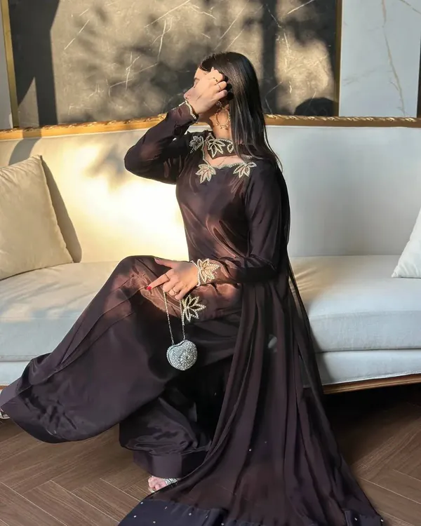 Brown_Embroidered_Long_Tunic_Set_For_Women
