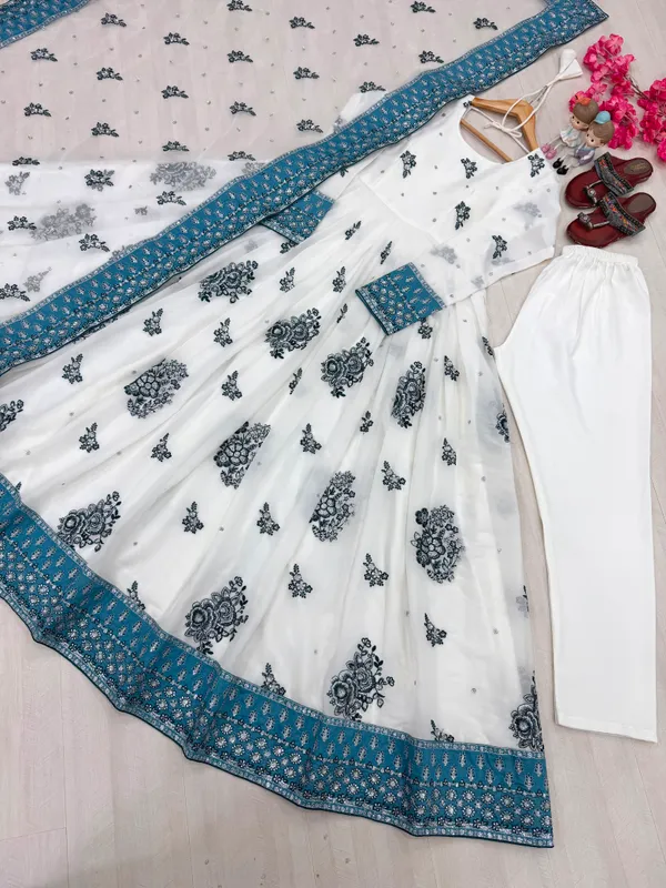 White_And_Turquoise_Georgette_Embellished_Lehenga_Choli_For_Women