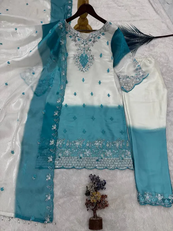 White_And_Blue_Gim_Silk_Embroidered_Suit_Set_For_Women