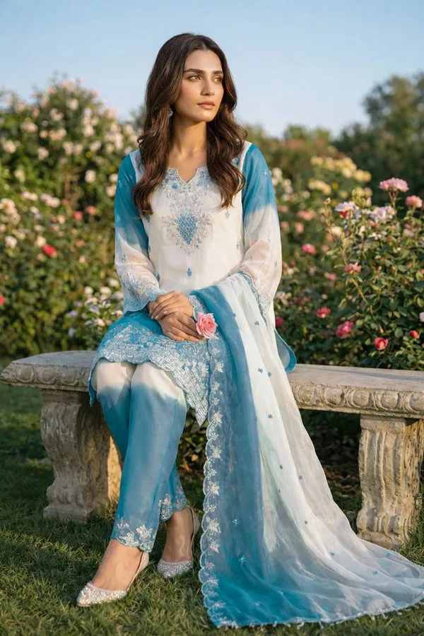 White_And_Blue_Gim_Silk_Embroidered_Suit_Set_For_Women
