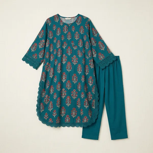 Blue_Slub_Reyon_Floral_Printed_Kaftan_Style_Kurta_Set_for_Girls