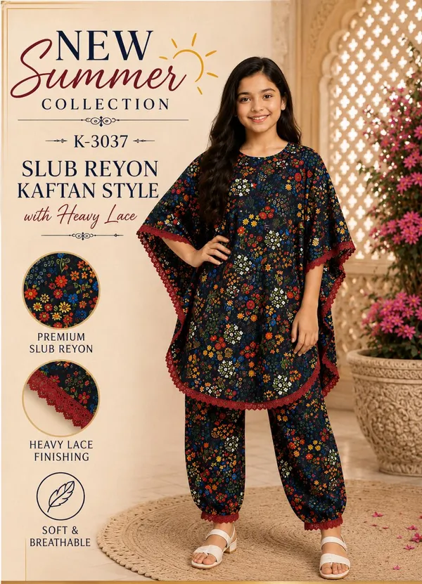 Navy_Floral_Slub_Reyon_Kaftan_Style_Suit_Set_for_Girls