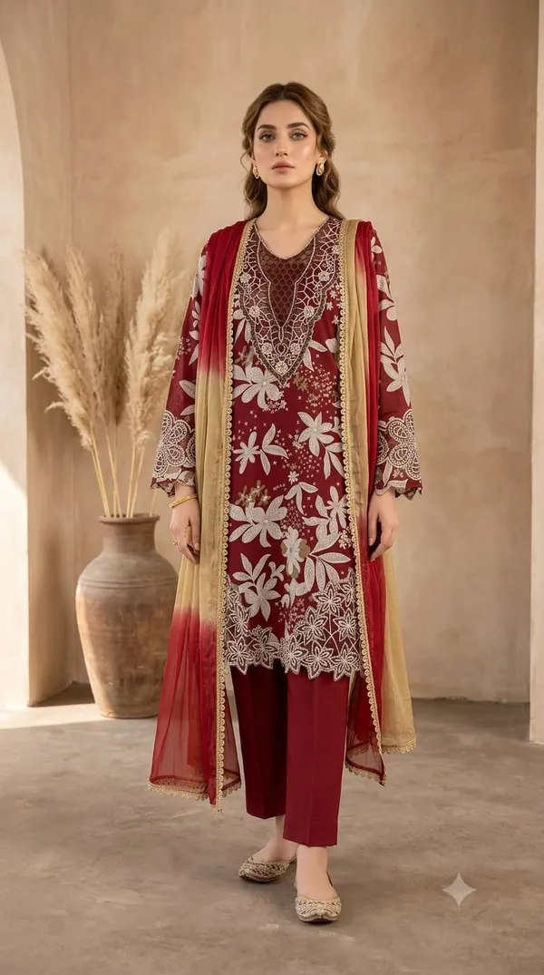 Maroon_Floral_Printed_Embroidered_Kurta_Set_With_Dupatta