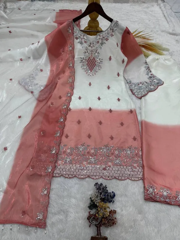 White_And_Peach_Ombre_Gim_Silk_Embroidered_Suit_Set_For_Women