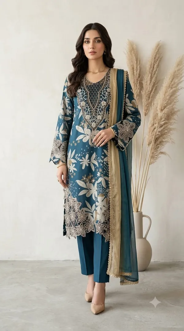 Navy_Blue_Floral_Embroidered_Kurta_Pant_Set_With_Dupatta