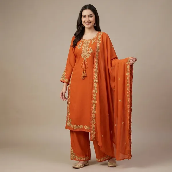 Orange_Embroidered_Suit_Set_For_Women