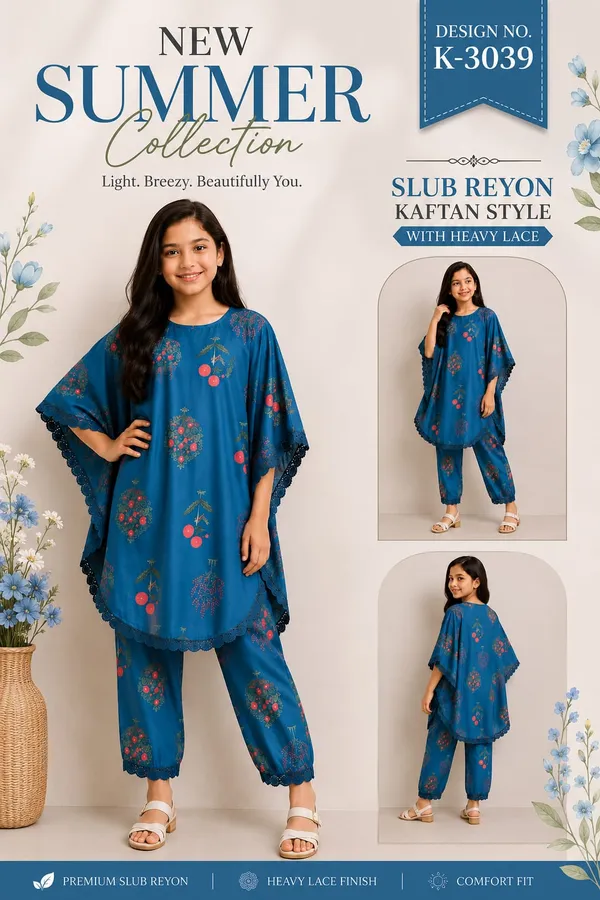 Blue_Slub_Reyon_Floral_Printed_Kaftan_Style_Kurta_Set_for_Girls