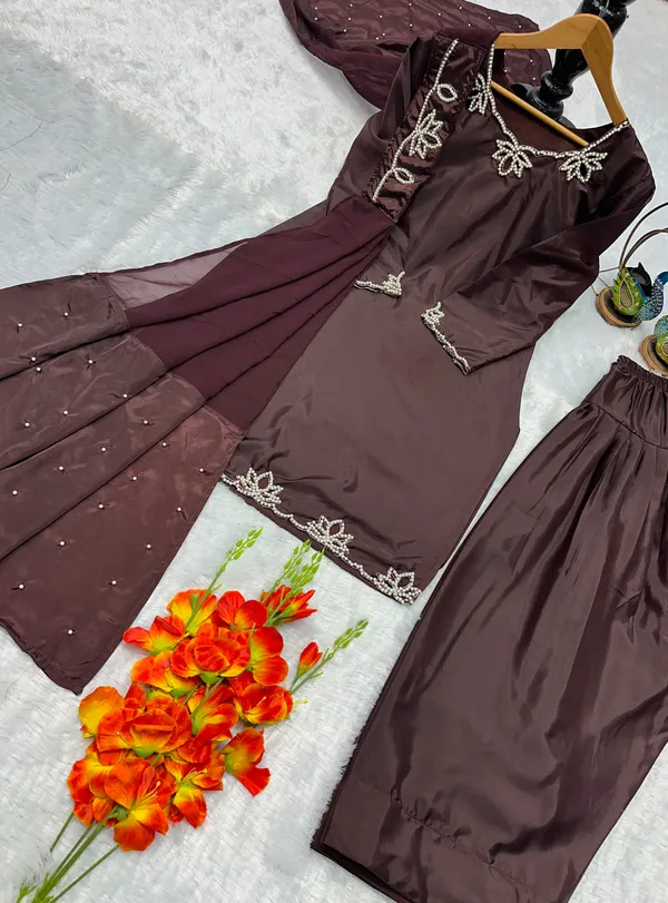 Brown_Embroidered_Long_Tunic_Set_For_Women