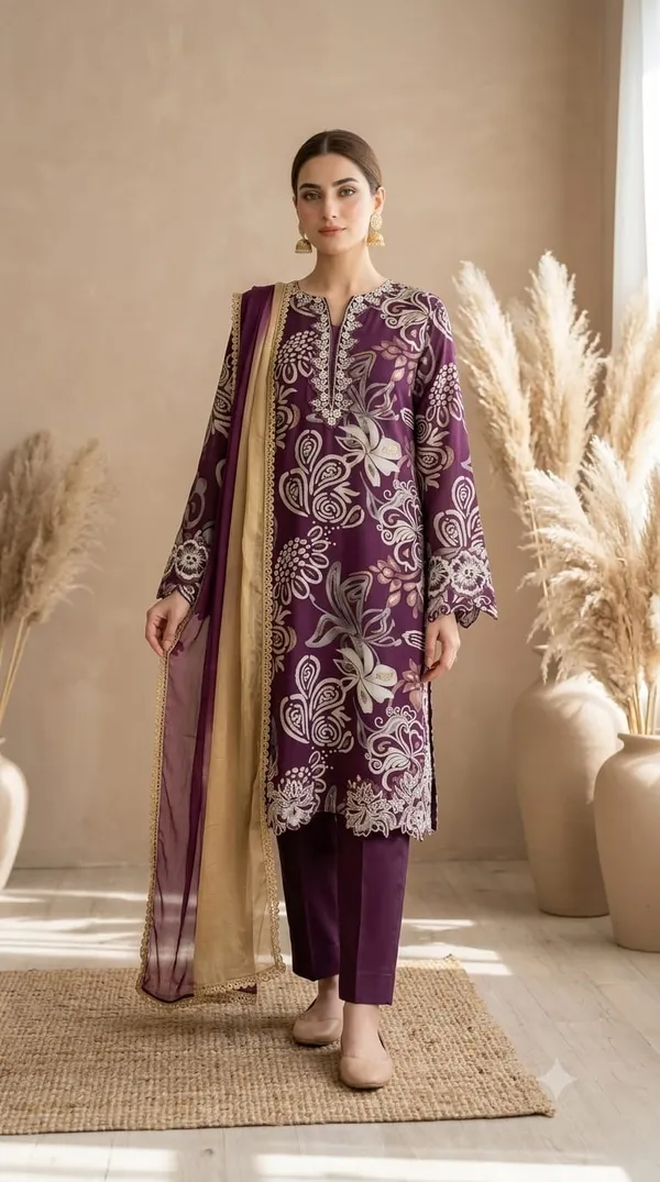 Purple_Floral_Printed_Embroidered_Kurta_Pant_Set_With_Dupatta