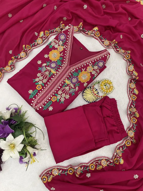 Royal_Magenta_Embroidered_Kurta_Pant_Set_With_Dupatta