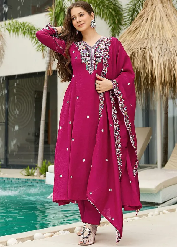 Royal_Magenta_Embroidered_Kurta_Pant_Set_With_Dupatta