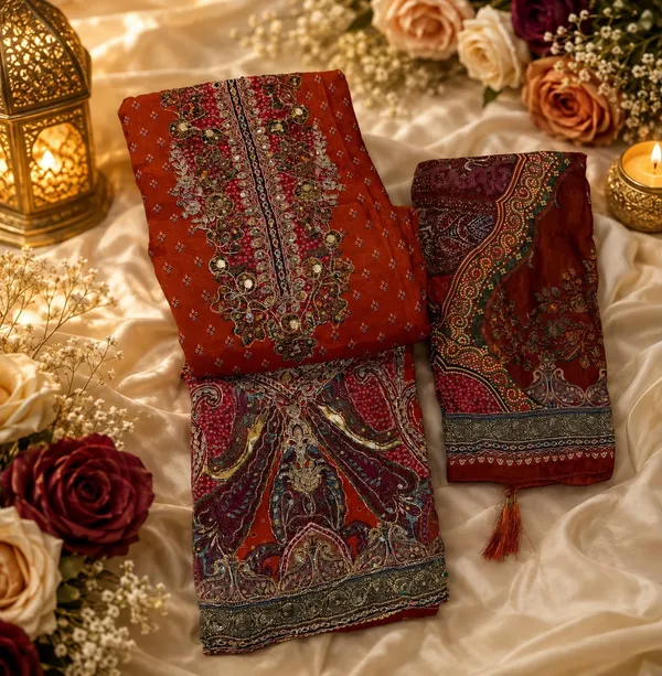 Rust_Orange_Viscose_Maslin_Digital_Print_Suit_with_Aari_&_Diamond_Work