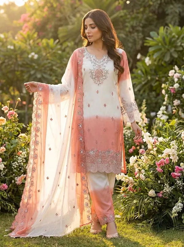 White_And_Peach_Ombre_Gim_Silk_Embroidered_Suit_Set_For_Women
