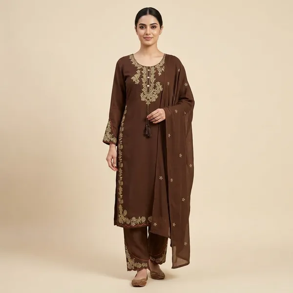 Brown_Embroidered_Kurta_Set_With_Dupatta_For_Women