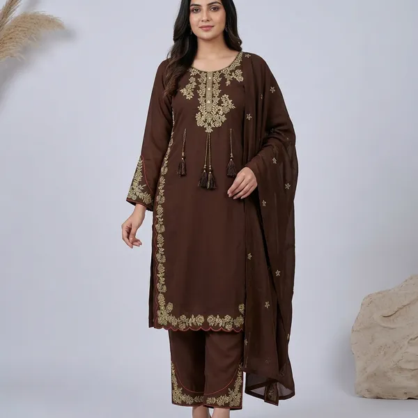 Brown_Embroidered_Kurta_Set_With_Dupatta_For_Women