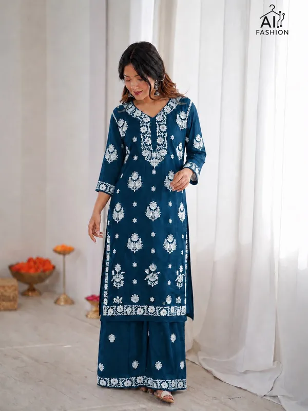 Teal_Blue_Floral_Printed_Kurta_Palazzo_Set