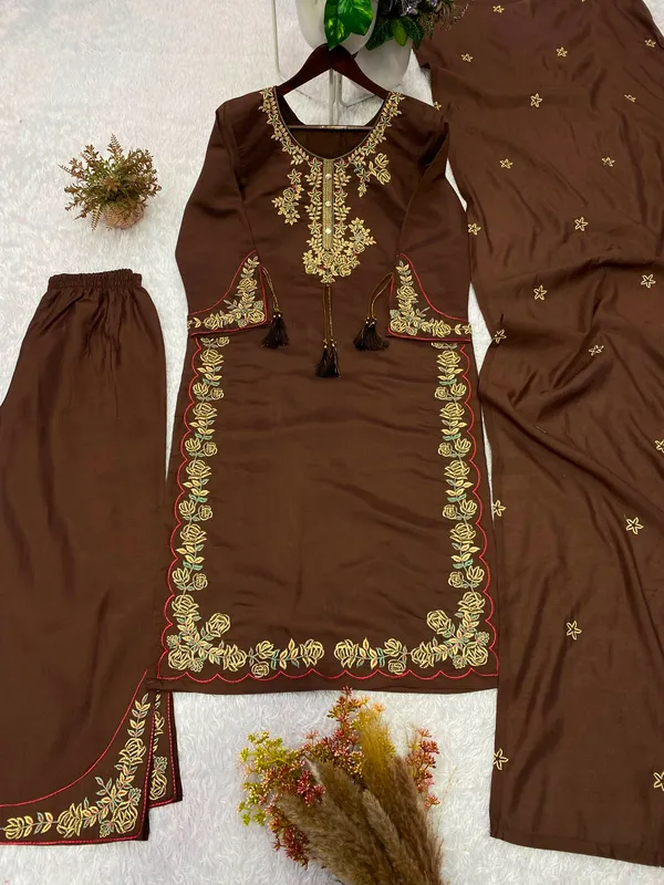 Brown_Embroidered_Kurta_Set_With_Dupatta_For_Women