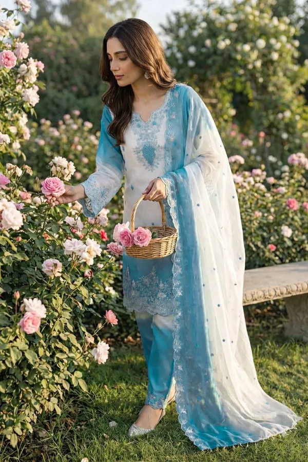 White_And_Blue_Gim_Silk_Embroidered_Suit_Set_For_Women
