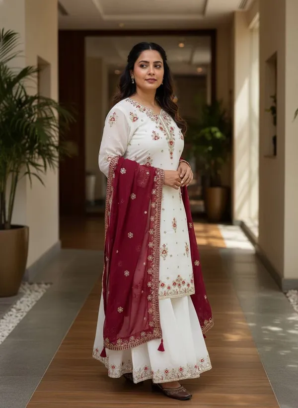 White_Floral_Embroidered_Kurta_Palazzo_Set_with_Maroon_Dupatta