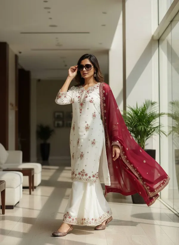 White_Floral_Embroidered_Kurta_Palazzo_Set_with_Maroon_Dupatta