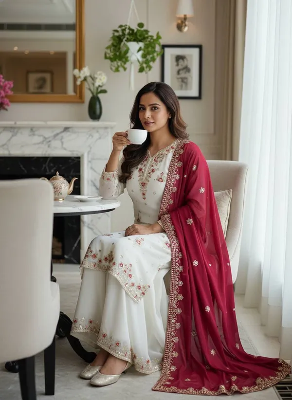 White_Floral_Embroidered_Kurta_Palazzo_Set_with_Maroon_Dupatta