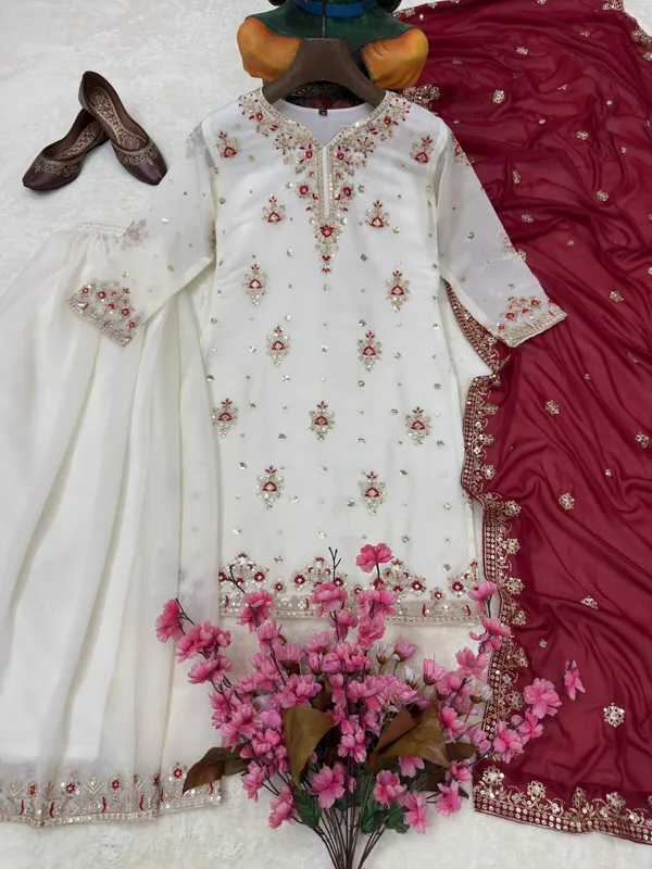 White_Floral_Embroidered_Kurta_Palazzo_Set_with_Maroon_Dupatta