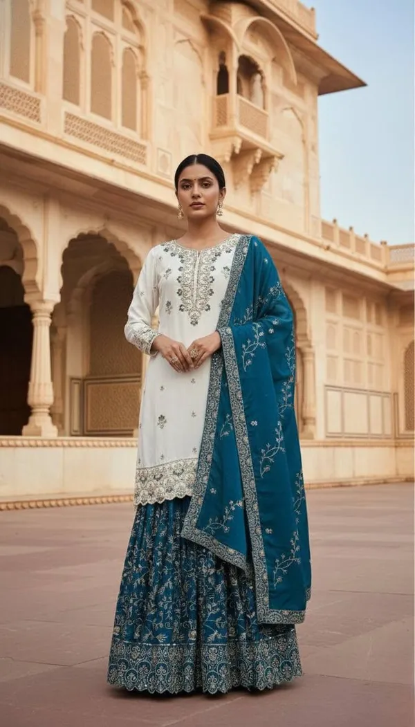 White_&_Blue_Embroidered_Pakistani_Suit_with_Blue_Dupatta
