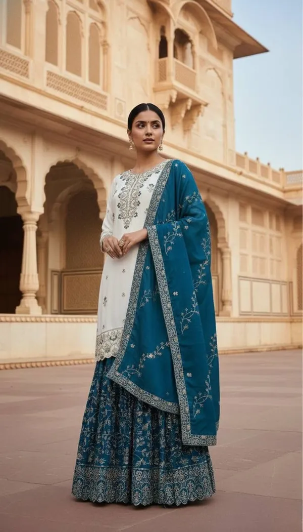 White_&_Blue_Embroidered_Pakistani_Suit_with_Blue_Dupatta
