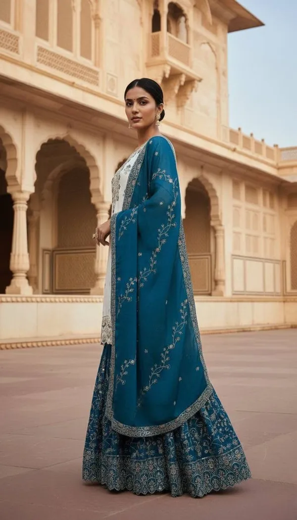 White_&_Blue_Embroidered_Pakistani_Suit_with_Blue_Dupatta