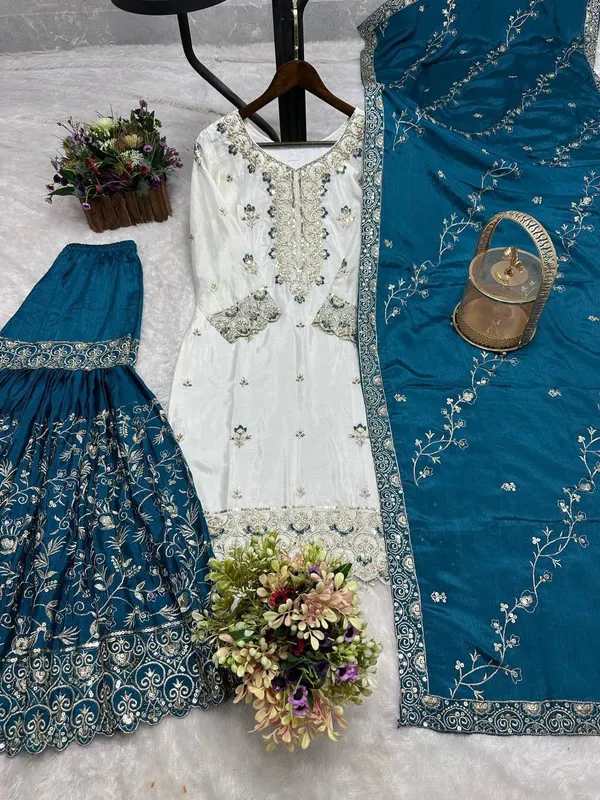 White_&_Blue_Embroidered_Pakistani_Suit_with_Blue_Dupatta