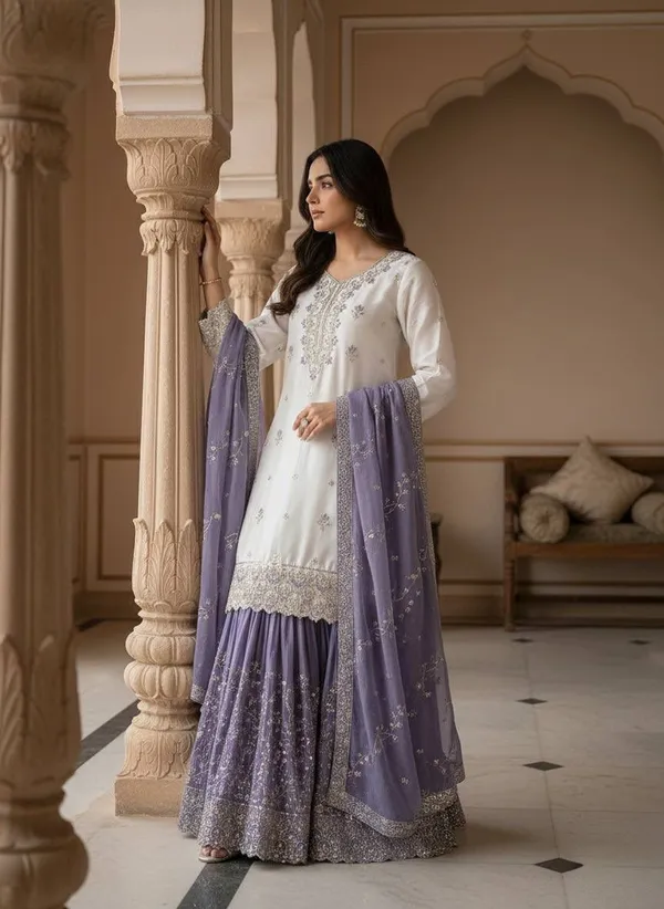 Woman_Wearing_Cream_and_Lavender_Embroidered_Sharara_