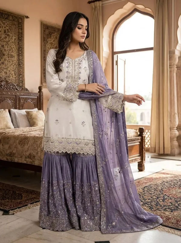 Woman_Wearing_Cream_and_Lavender_Embroidered_Sharara_