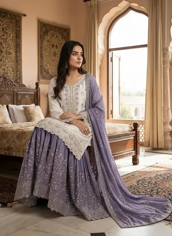 Woman_Wearing_Cream_and_Lavender_Embroidered_Sharara_