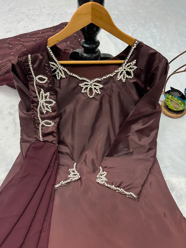 Brown_Embroidered_Long_Tunic_Set_For_Women