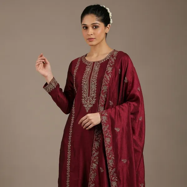 Maroon_Cotton_Embroidered_Kurta_Set_For_Women