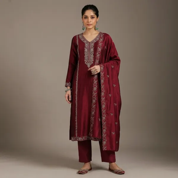 Maroon_Cotton_Embroidered_Kurta_Set_For_Women