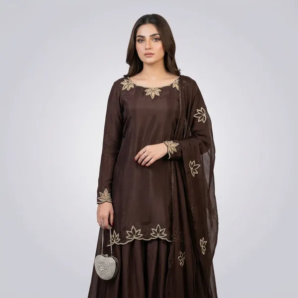 Brown_Embroidered_Long_Tunic_Set_For_Women