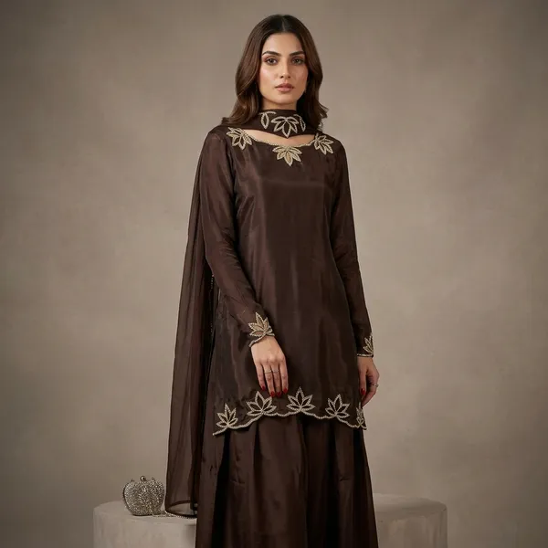 Brown_Embroidered_Long_Tunic_Set_For_Women
