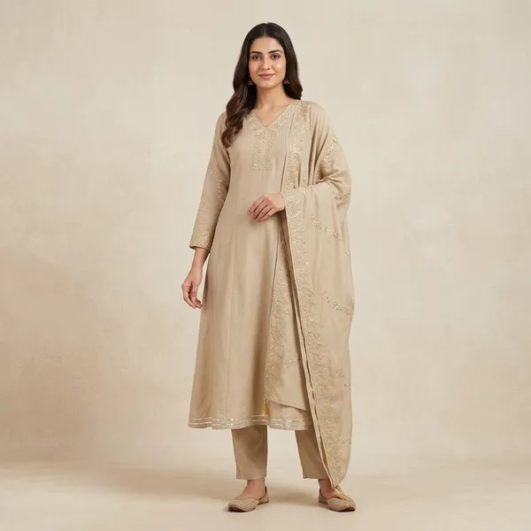 Beige_Vichitra_Silk_Embroidered_Kurta_Set_For_Women