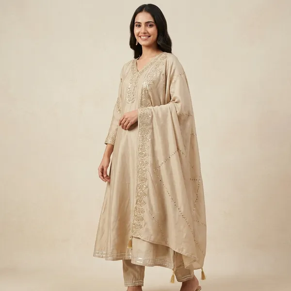 Beige_Vichitra_Silk_Embroidered_Kurta_Set_For_Women