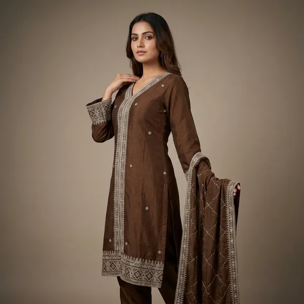 Brown_Vichitra_Silk_Embroidered_Ethnic_Suit_Set_For_Women