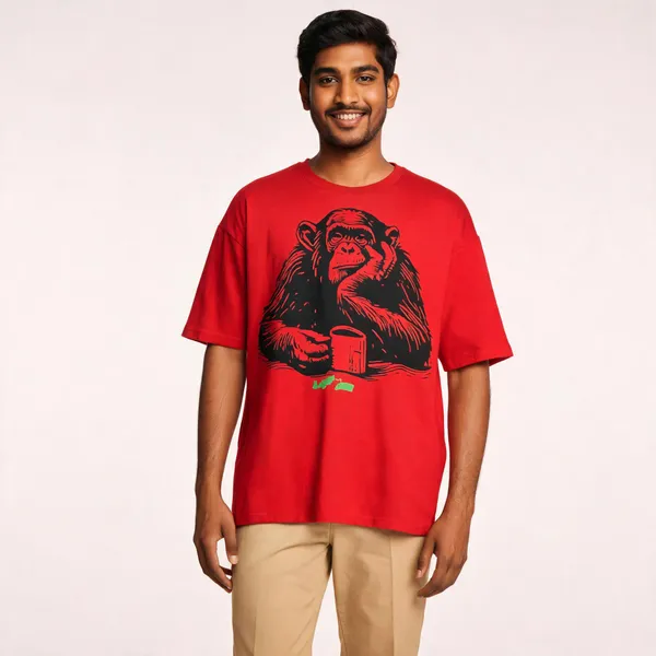 Red_Cotton_Oversized_Monkey_Print_T-Shirt_For_Men