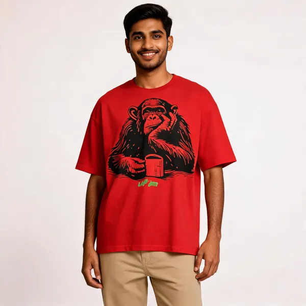 Red_Cotton_Oversized_Monkey_Print_T-Shirt_For_Men