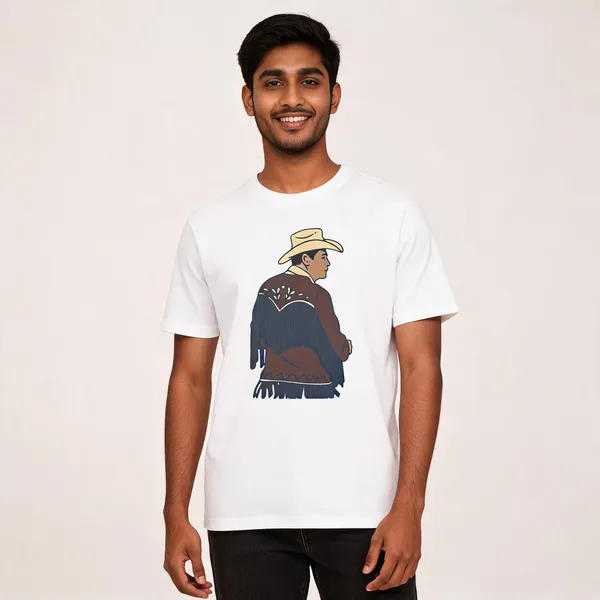 White_Cotton_Regular_Fit_Cowboy_Print_T-Shirt_For_Men