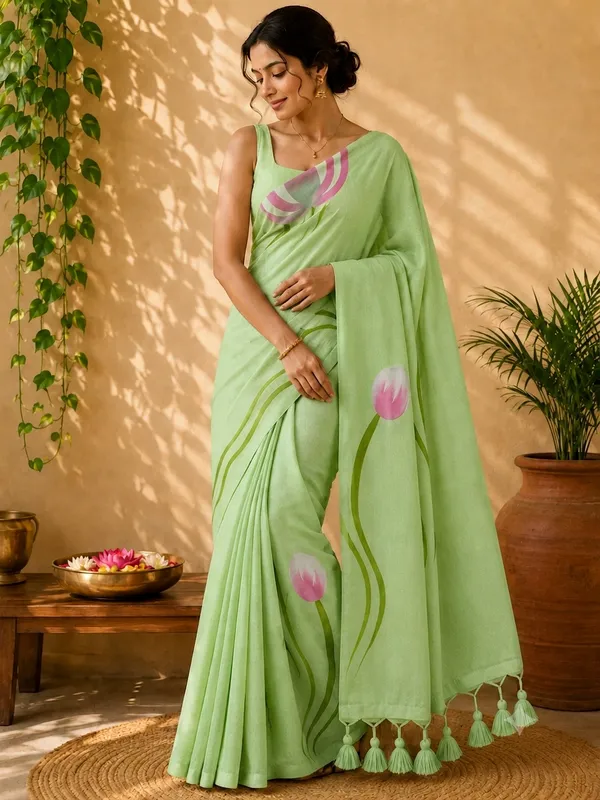Light_Green_Mul_Cotton_Lotus_Print_Tassel_Saree_For_Women