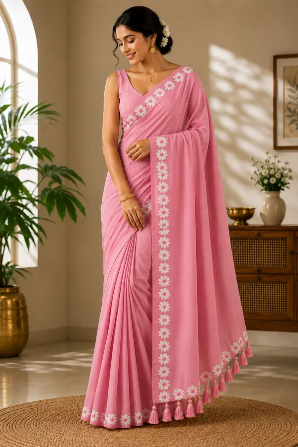 Light_Pink_Mulcotton_Daisy_Print_Tassel_Saree_For_Women