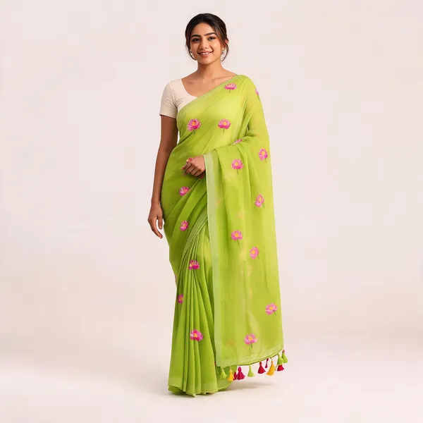 Light_Green_Mul_Cotton_Lotus_Embroidered_Tassel_Saree_For_Women