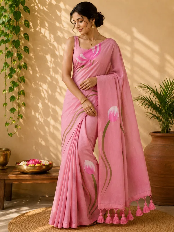 Pink_Mul_Cotton_Floral_Print_Tassel_Saree_For_Women