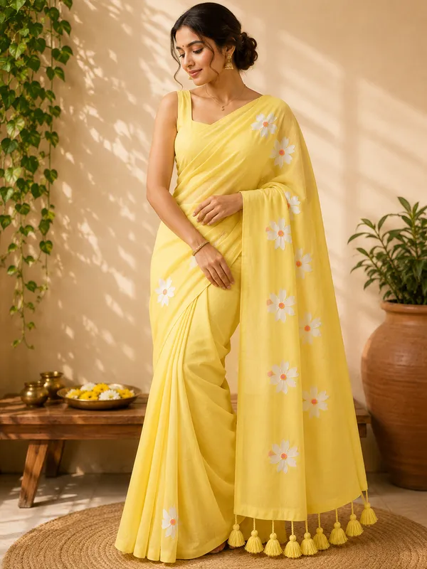 Yellow_Mul_Cotton_Floral_Print_Tassel_Border_Saree_For_Women